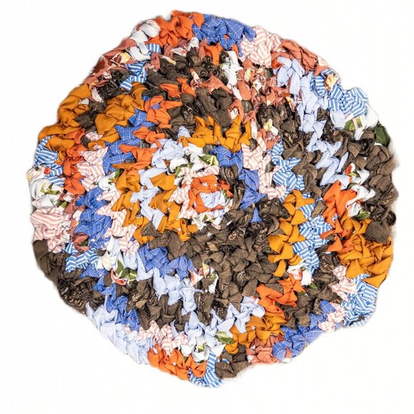 Upcycled Rag Rug Boho Orange Blue Autumn Colors Handmade - Picture 1 of 6